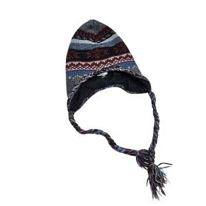 Vintage 90s Route 66 Mens Fair Isle Earflap Beanie Grey Burgundy Fleece Line